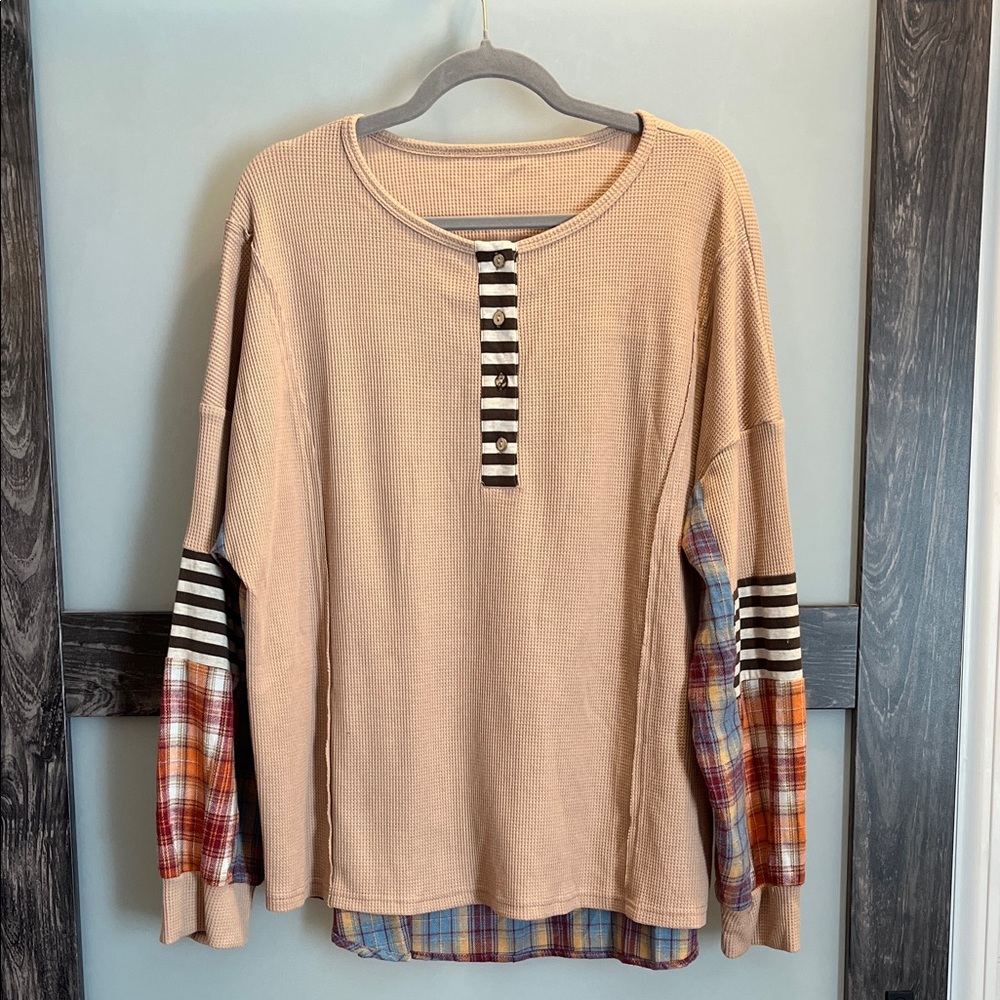 Beige Knit Top with Textured Sleeves